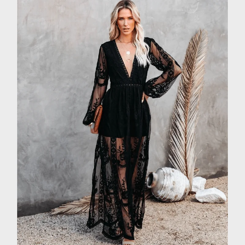 Black Boho Lace Maxi Dress