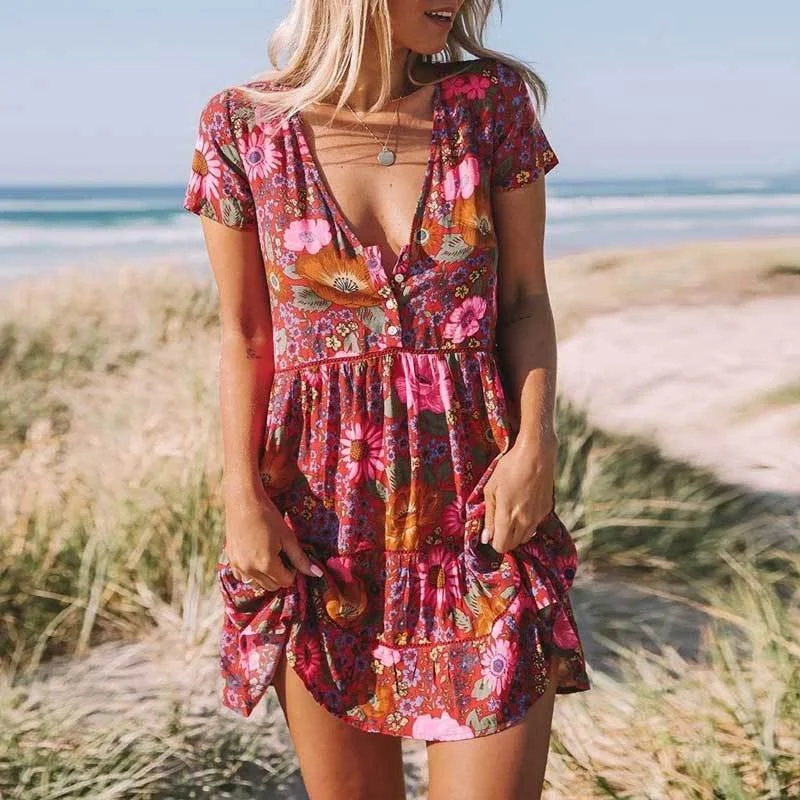 Boho Daisy Floral Print Mini Dress