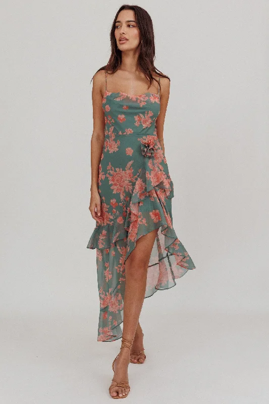 Chances Rosette Ruffle Midi Dress Floral Mint