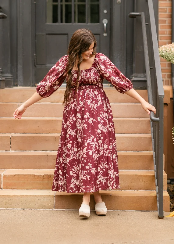 Floral Textured Print Burgundy Midi Dress