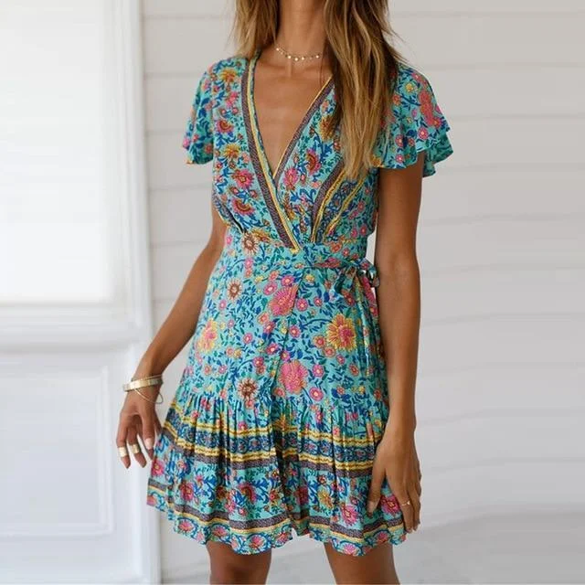 Green Boho Floral Print Mini Dress