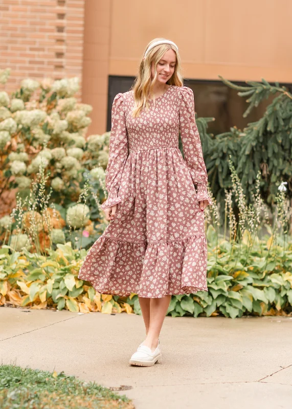 Kelsie Smocked Bodice Long Sleeve Midi Dress