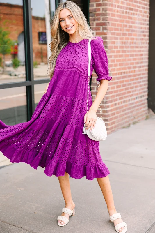 Making Moves Deep Purple Eyelet Midi Dress