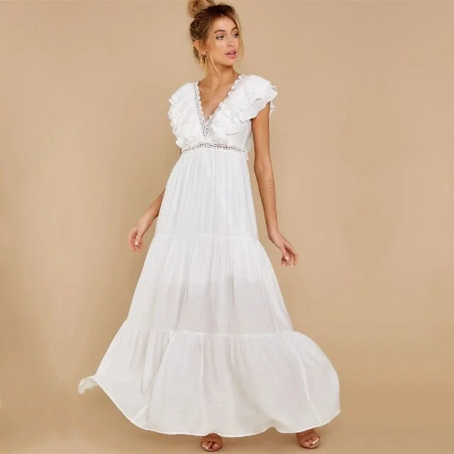 Sexy White Deep V-Neck Ruffle Maxi Dress