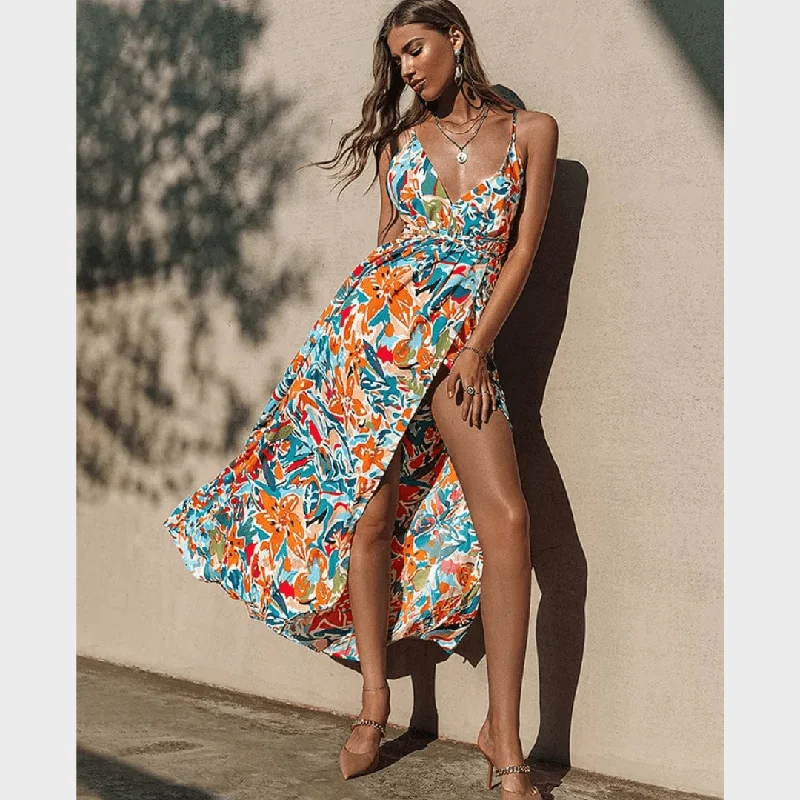 Spaghetti Strap Split Floral Boho Maxi Dress