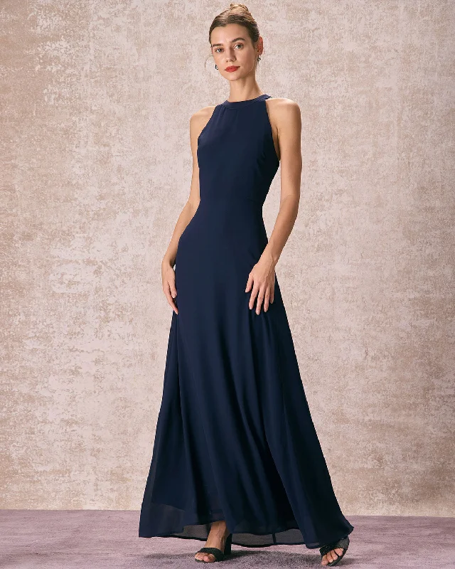 The Navy Halter Bowknot Back Maxi Dress