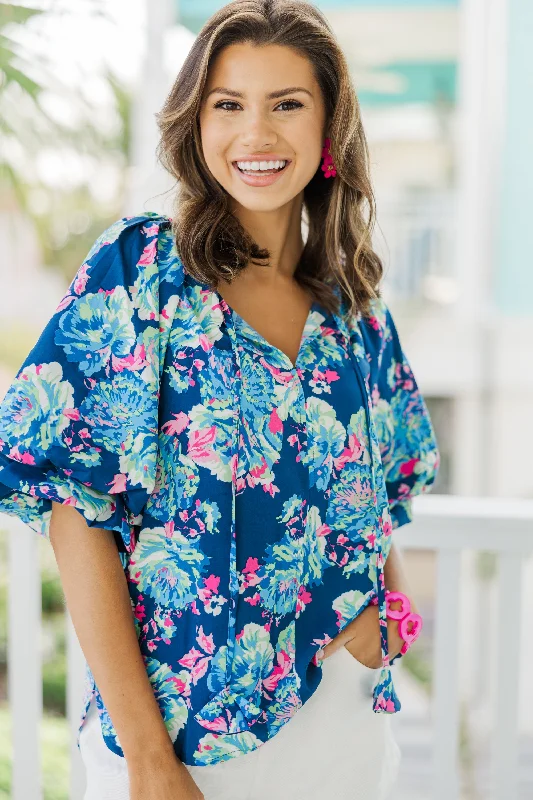 All For The Fun Navy Blue Floral Blouse