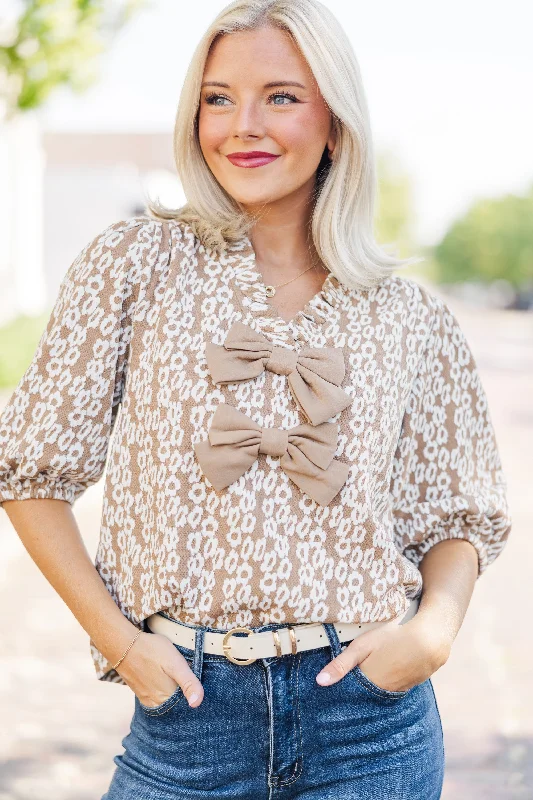 In A Dream Brown Bow Detailed Blouse