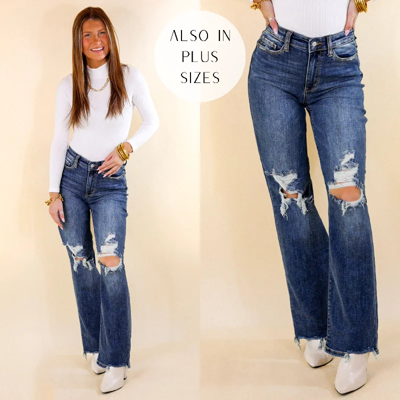 Last Chance Size 22W | Judy Blue | Afternoon Date 90's Knee Destroy Straight Leg Jeans in Dark Wash