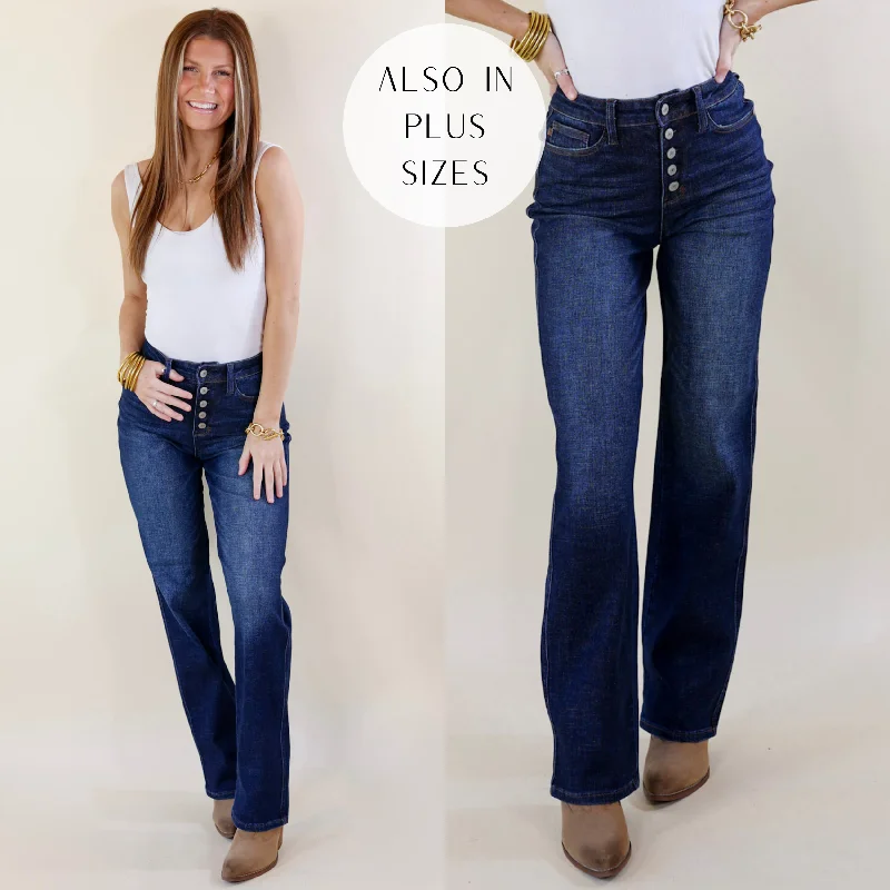 Last Chance Size 0, 22W & 24W | Judy Blue | Bonfire Nights Button Fly Straight Leg Jeans in Dark Wash