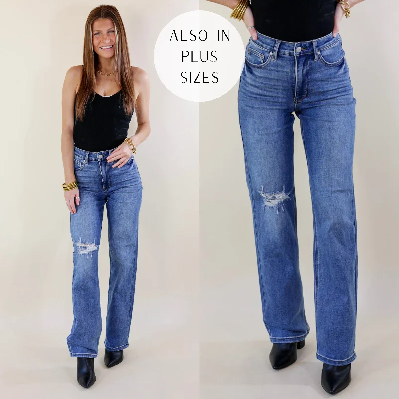 Last Chance Size 0, 1, 15, 14W, 20W, 22W & 24W | Judy Blue | Festival Feels Tummy Control 90's Straight Leg Jeans in Medium Wash