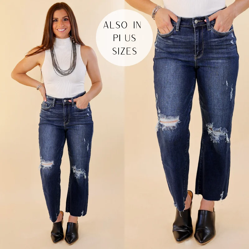 Last Chance Size 1, 3, 22W & 24W | Judy Blue | Grand Gesture Destroy Knee Cropped Wide Leg Jeans in Dark Wash