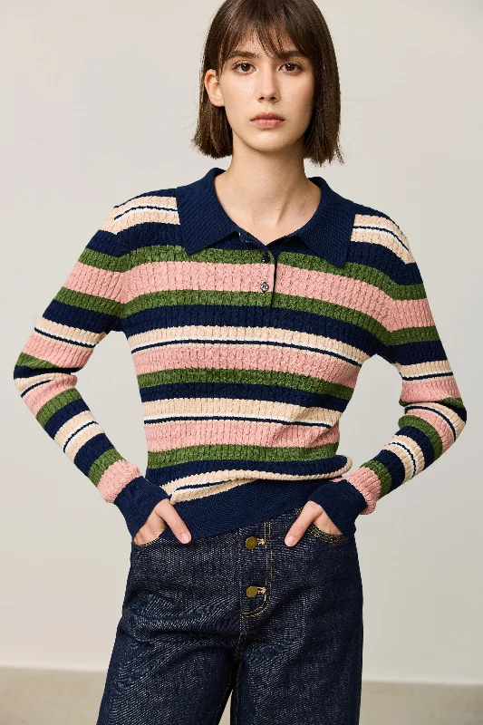 LILY Vintage Contrast Striped Polo Knit Sweater