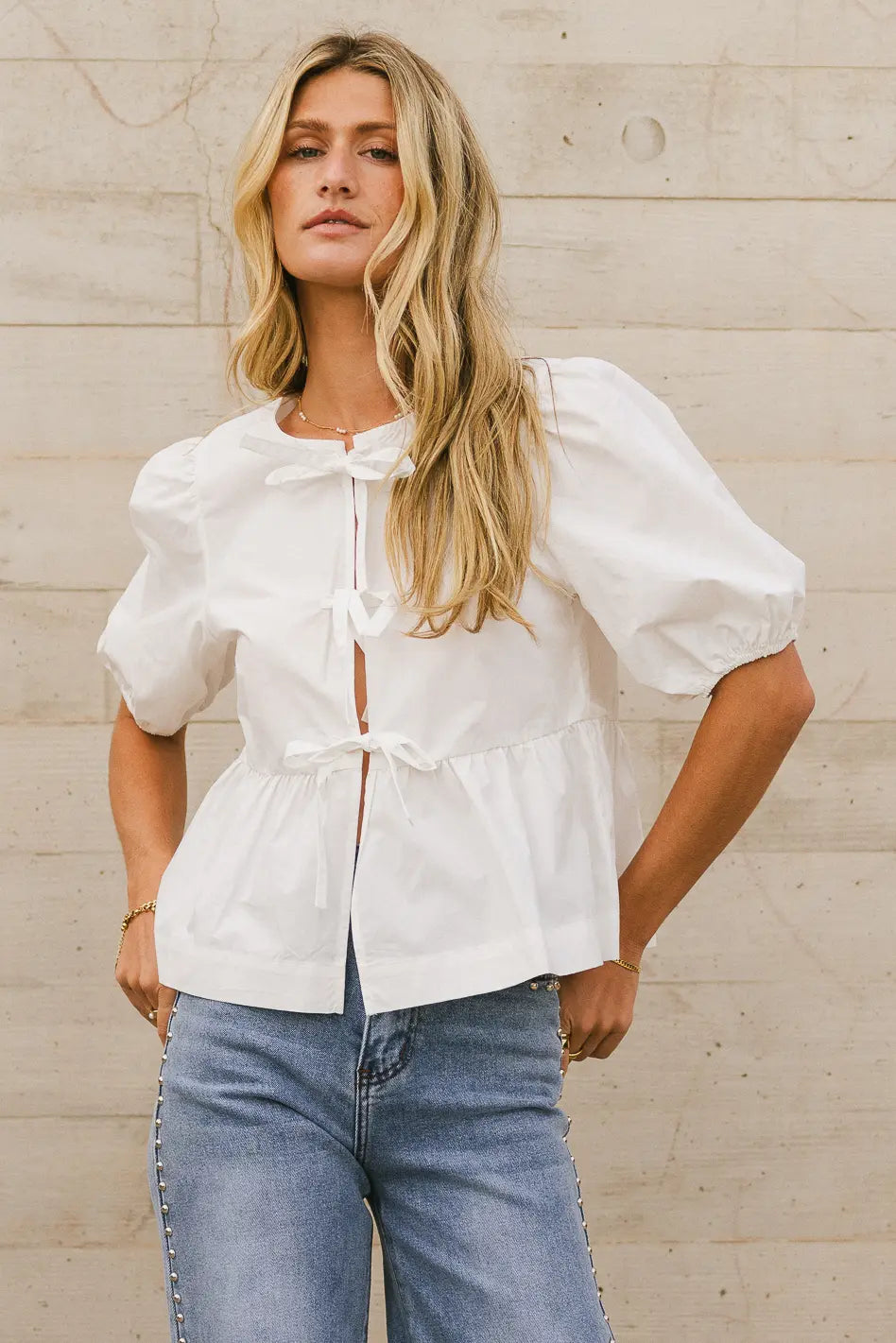 Natalia Peplum Tie Blouse in White