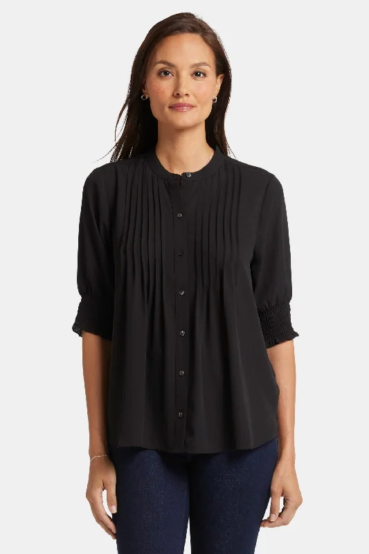 Pleated Short Sleeved Blouse - Black