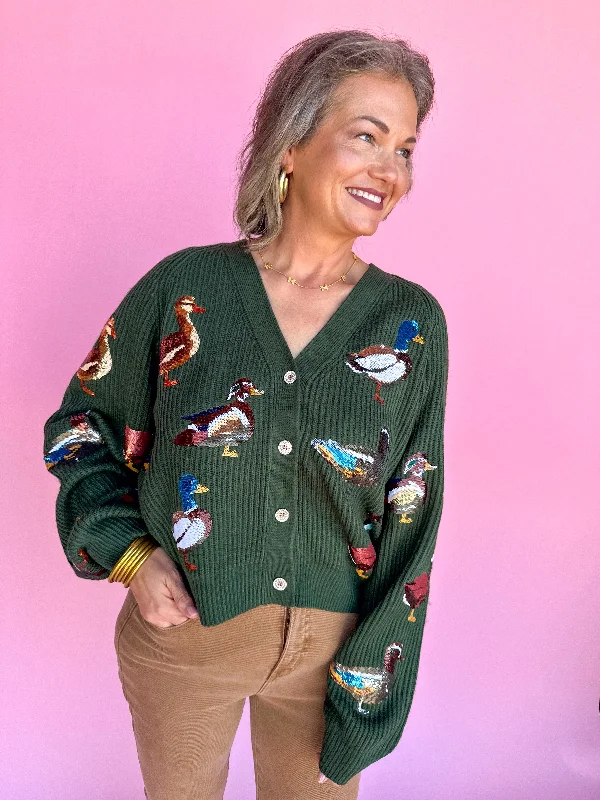 QUEEN OF SPARKLES | Dark Green Scattered Duck Cardigan