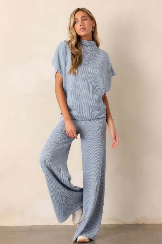 Waterfall Mist Ash Blue Knit Wide Leg Pants