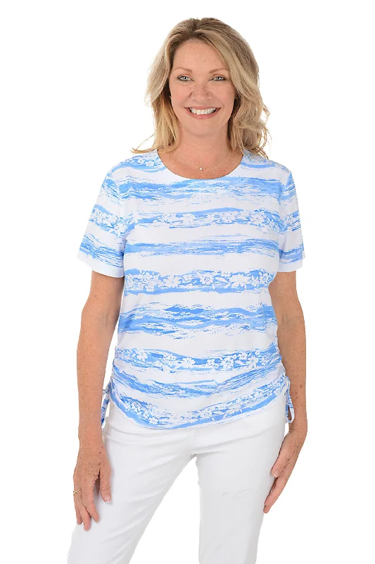 Floral Stripe Side Shirred Knit Top