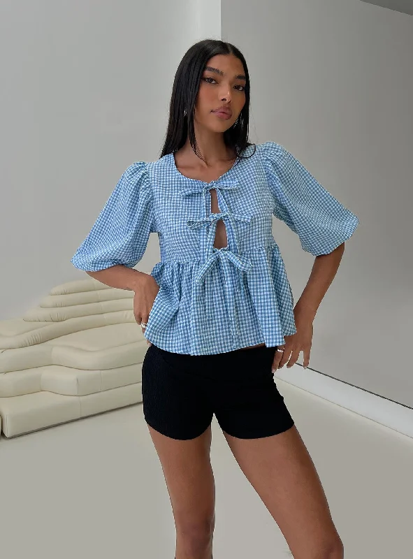 Full House Tie Up Blouse Top Blue Plaid