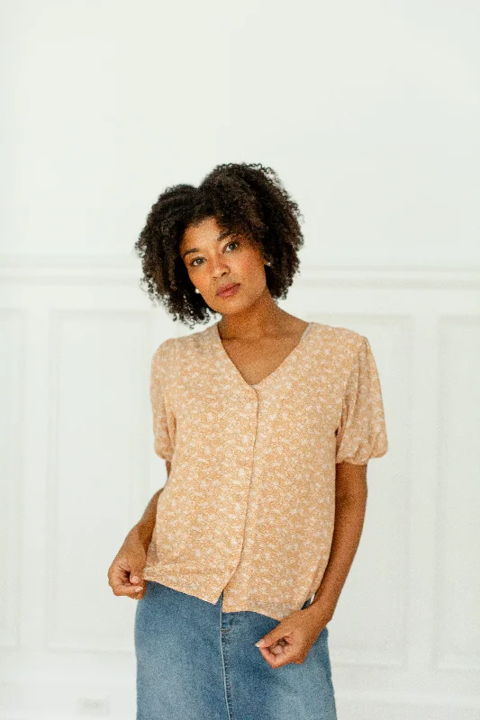 'Lenora' Floral Button Up Top in Camel FINAL SALE