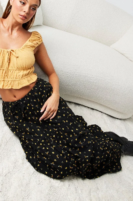 Black Floral Maxi Skirt Elasticated Waist