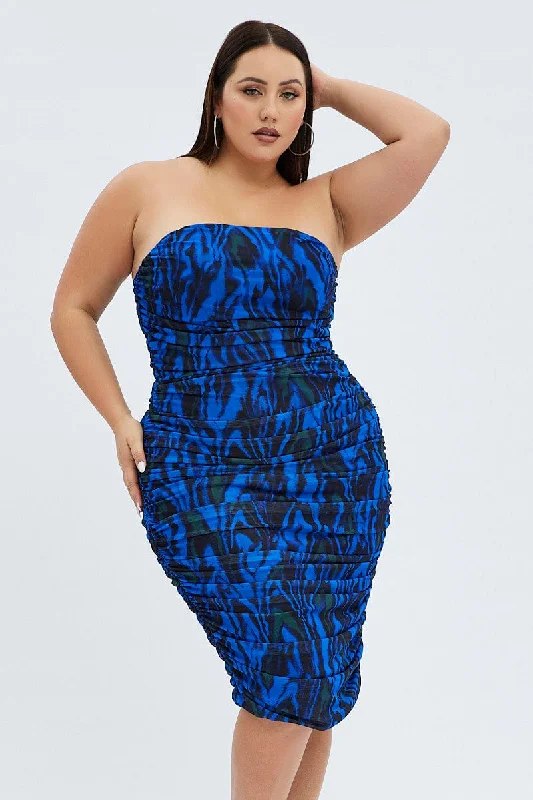 Blue Abstract Bodycon Dress Mesh Swirl Detachable Straps