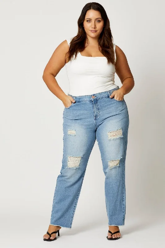 Blue Jean Mid Rise Distressed Boyfriend