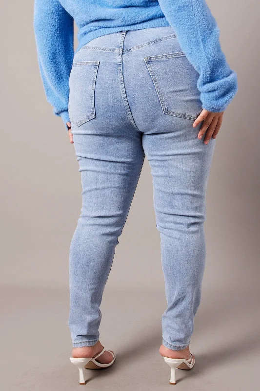 Denim Skinny Jeans High Rise Knee Slit Stretch