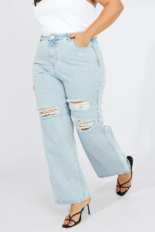 Denim Wide Leg Jeans High Rise Distressed