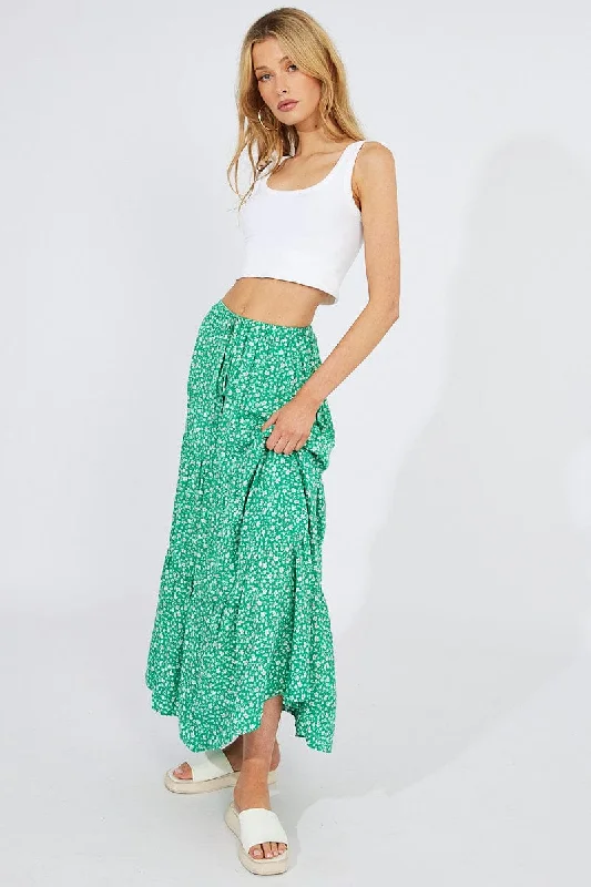 Green Ditsy Maxi Skirt High Rise