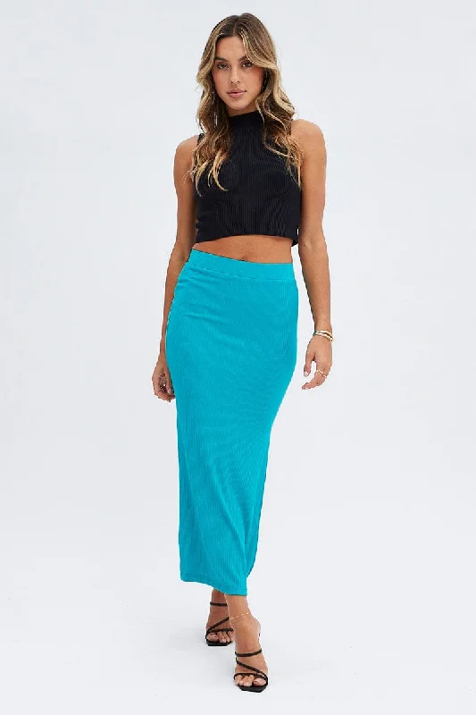 Green Midi Skirt High Rise Ribbed Jersey