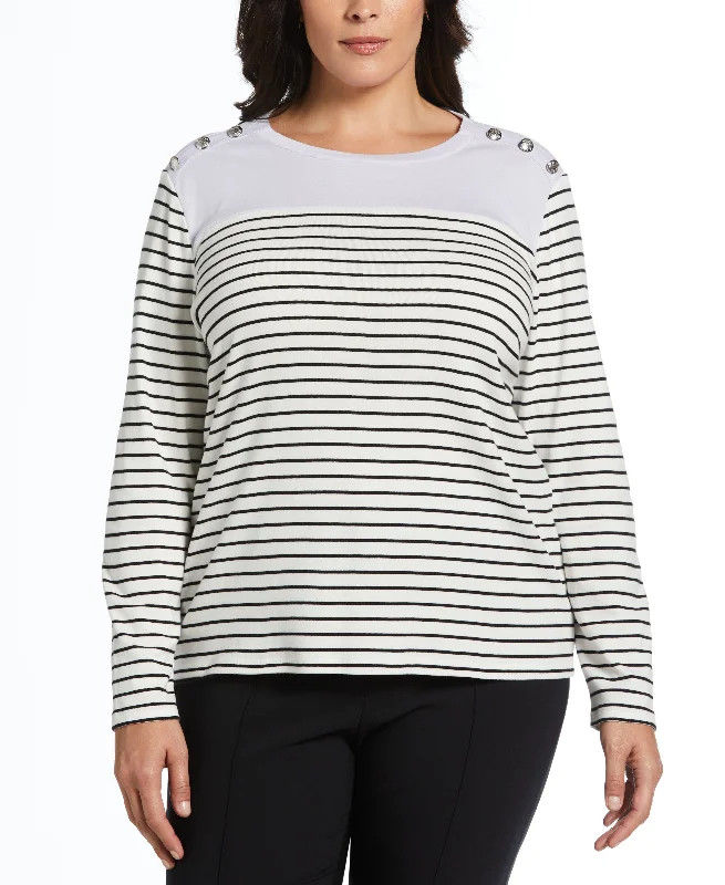 Plus Size Color Block Stripe Button Detail Top