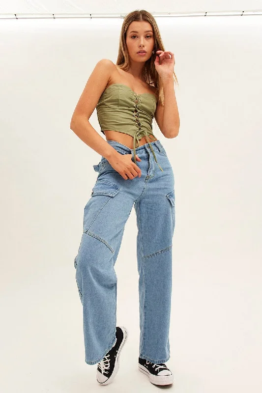 Blue Wide Leg Cargo Pants