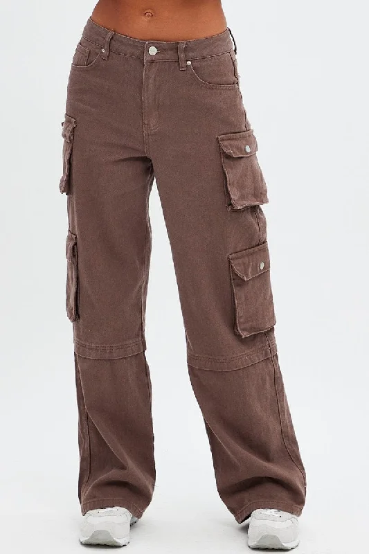 Brown Cargo Denim Jeans High Rise