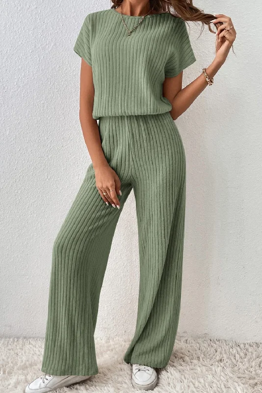 Solid Color Ribbed Short Sleeve Wide Leg Jumpsuit