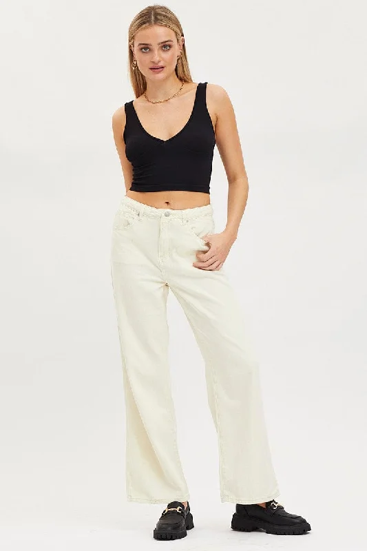 White Wide Leg Denim Jeans High Rise