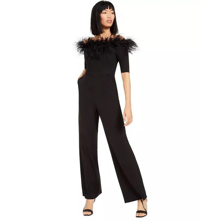 Calvin Klein Women's Off-The-Shoulder Feather Jumpsuit Black Size 14