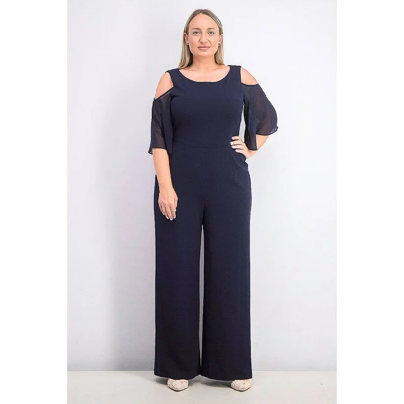 Connected Women's Plus Size Cold-Shoulder Jumpsuit Navy Size 14W - 14 W