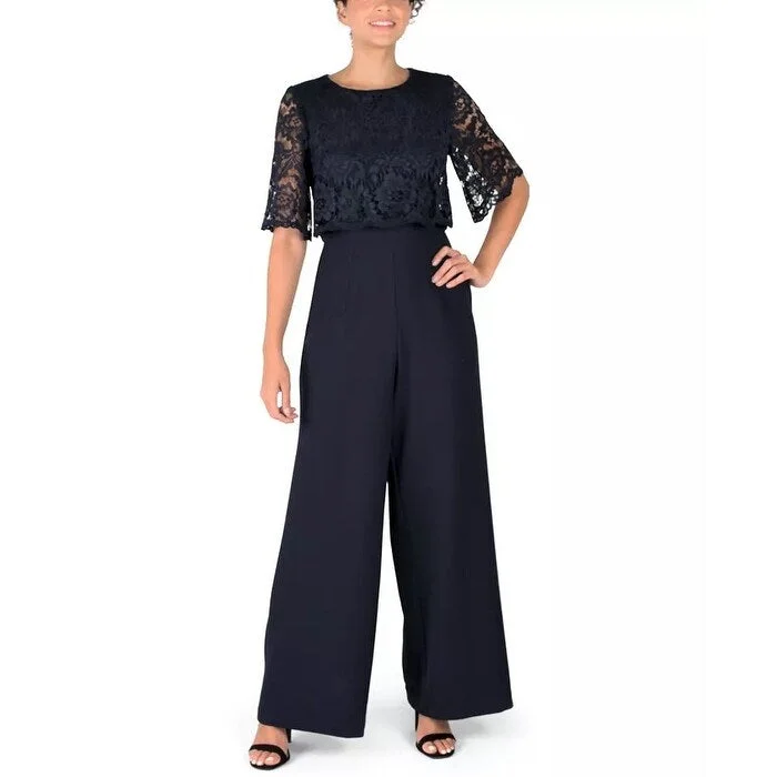 Donna Ricco Women's Lace Overlay Wide Leg Jumpsuit Navy Size M - Medium Regular