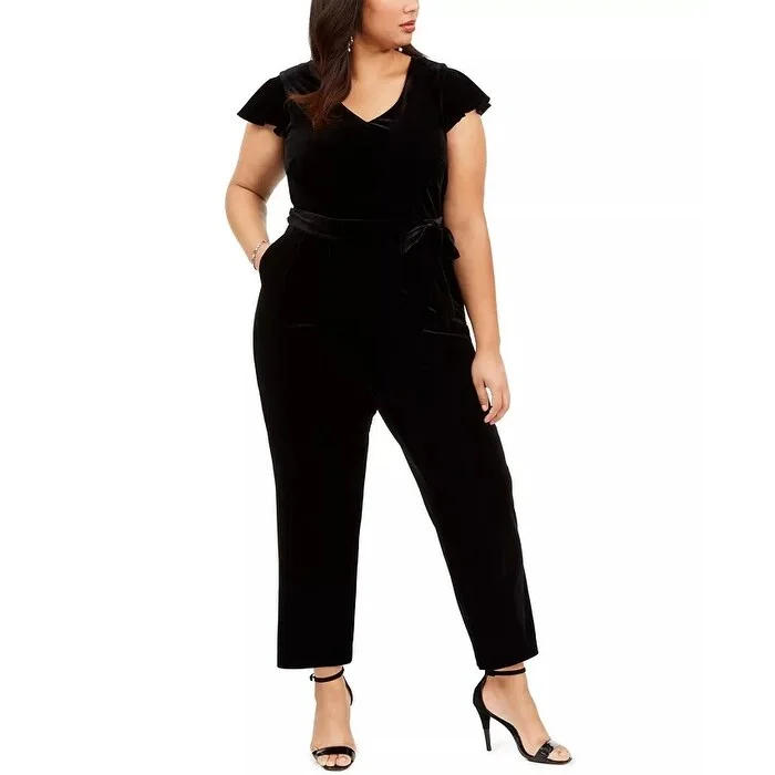 Jessica Howard Women's Plus Size Velvet Belted Jumpsuit Black Size 18W