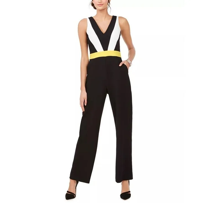 Vince Camuto Women's Colorblocked V-Neck Jumpsuit Black Size 2 Petite - 2 Petite